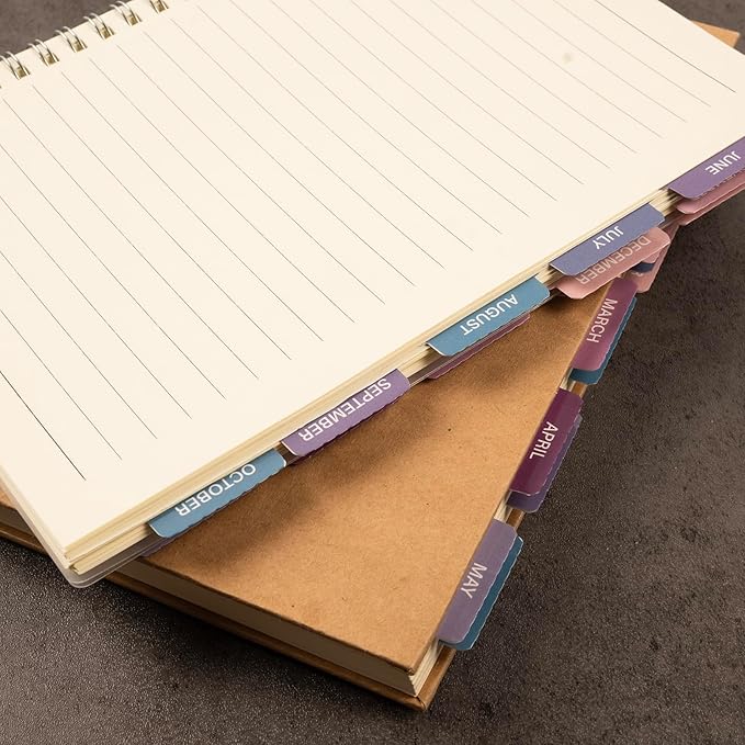 Lumintutu Laminated Planner Monthly Stickers,40 Adhesive Plan Tabs Accessories for Notebooks (2 Sets 12 Month Tabs and 16 Blank Tabs), Calendar Monthly Divider Set (Purple & Pink)