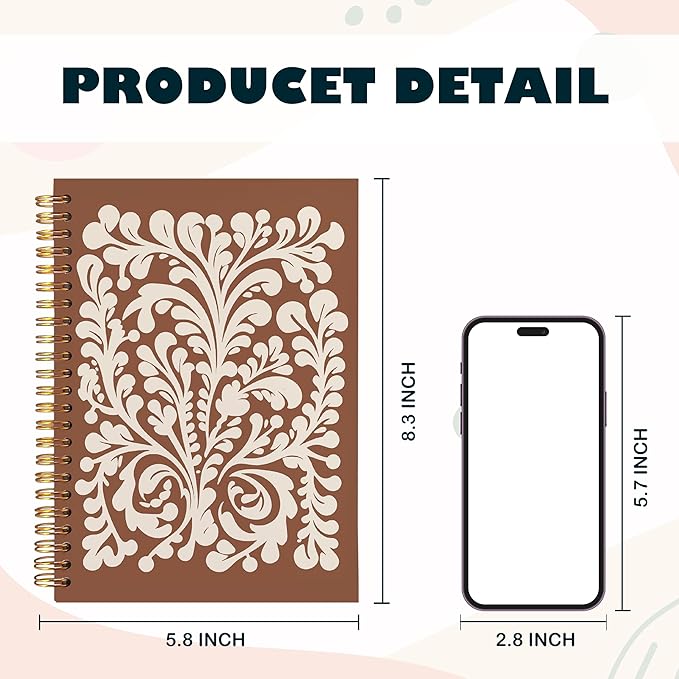 BearCake Aesthetic Spiral Notebook Journal For Women,Floral Notebook,Notebooks for Work Note Taking,Boho journal,Notebook,Brown pure pattern College Writing Notebook for Gifts,Spiral Notebook 5.5x8.3