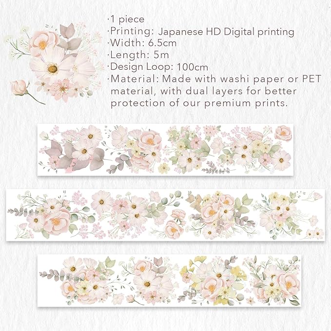 WT Blush Wide PET Tape, Single Roll, Original Designs, Watercolor Pink Floral Decorative Tape, Transparent Adhesive for Journaling, Scrapbooking, Bujo Planner DIY Craft Supplies