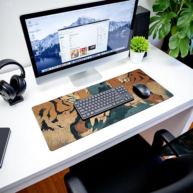Tiger Gaming Mouse Pad Abstract Yellow Mouse Pad 31.5x11.8 Inch Fierce Claws and Teeth Non-Slip Rubber Base Large Mousepad Stitched Edges Keyboard Mouse Mat Desk Pad for Office and Home