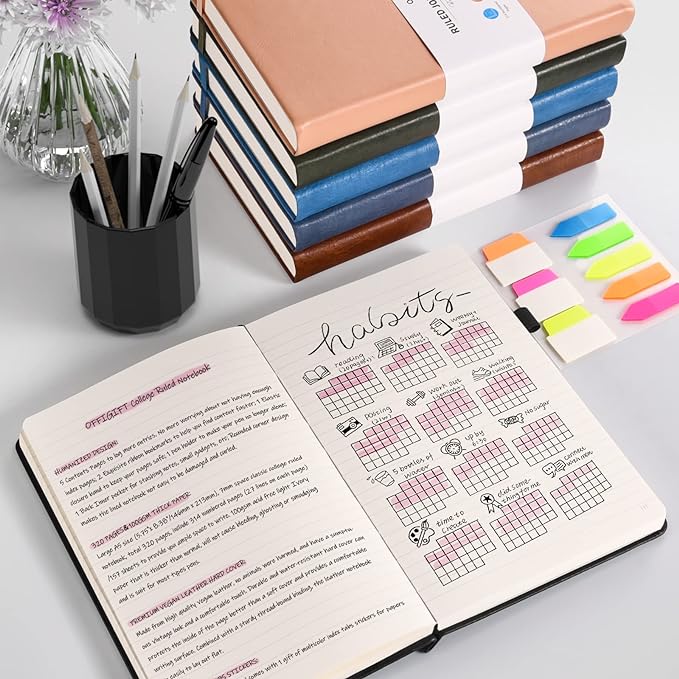 5 Pack College Ruled Notebook, 312 Numbered Pages Thick Notebooks Bulk, 100gsm No Bleed Paper Hardcover Leather Journal, Lined Journal Notebook Set for Women Men School Office, A5, Brown