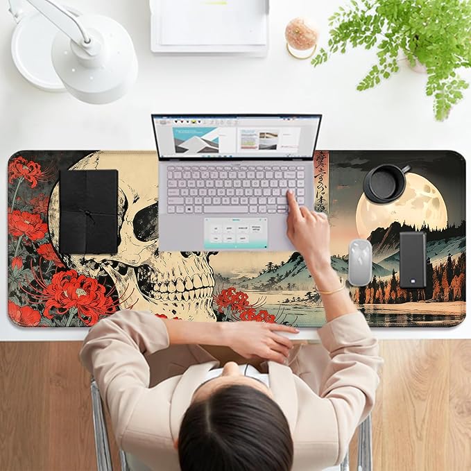 Japanese Retro Skull and Floral XL Large Desk Mat, Extended Long Desk Pad for Gaming and Office, Non-Slip Rubber Base, Comfortable Surface Mouse Pad, 31.5x11.8 in (H11)