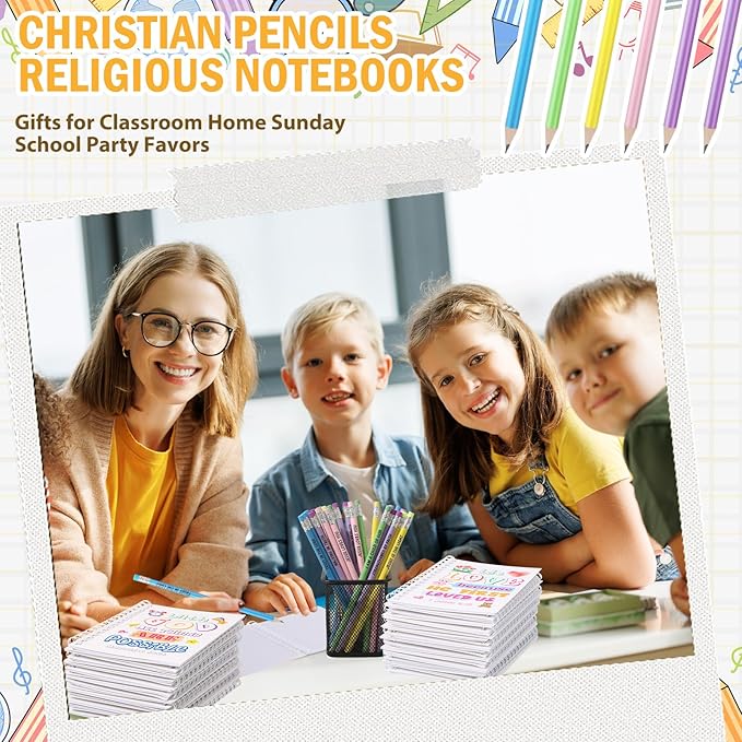 Crtiin Easter 48 Pcs Include 24 Bible Verse Notepad 24 Pencils Kids Christian Church Gifts Students Classroom Award Religious Notebook Bible Pencils Prayer Pocket School(White Jesus 2,White)
