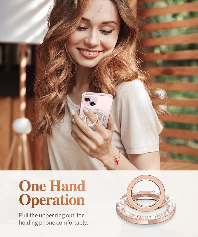 GVIEWIN Magnetic Phone Ring Holder, Compatible with MagSafe Phone Grip with Adjustable Stand, Magnet Phone Ring Kickstand for iPhone 17/16/15/14/13/12 Pro Max Plus Air/Other Phones (Glitter/Pink Gold)