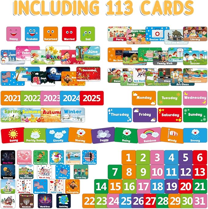 Blue Classroom Calendar Pocket Chart for Kids - Monthly Weather Seasons Learning Chart with 113 Cards | Teacher Must Haves for Kindergarten, Preschool, Homeschool | Interactive Educational Wall Chart