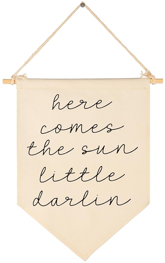 Boho Sunshine Canvas Banner Flag Sign Wall Decor Gift for Boy Girl Kids Nursery Baby Room Above Crib Bedroom Playroom Door-Positive Quote,Baby,Shower Birthday Christmas Gift-Here Comes the Sun