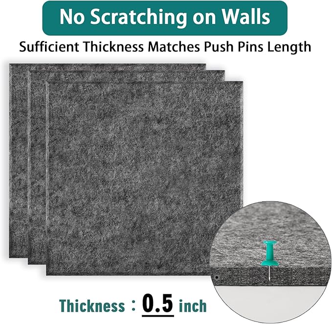 Felt Cork Board for Wall: Extra Large Bulletin Board for Office - 0.5 Inch Thick Corkboard Tiles 6 PCS Grey Pin Board Squares Adhesive