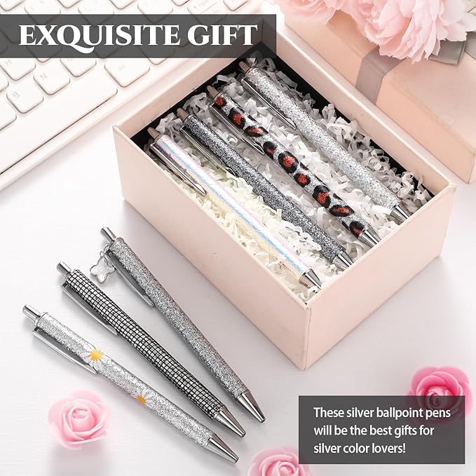 Sherr 7 Pcs Fancy Pens for Women Cute Sparkly Glitter Pens with 10 Pcs Black Ink Refills Pretty Gifts for Girls Office School Christmas Graduation(Bright)