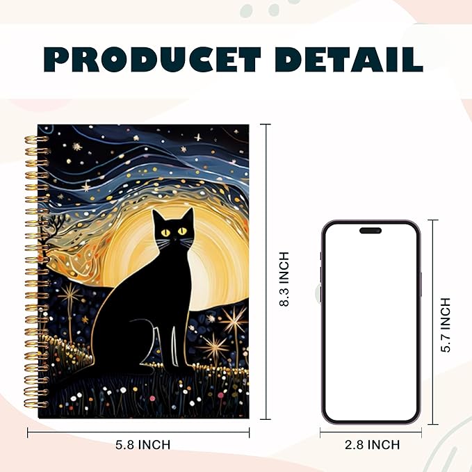 BearCake Starry Night Black Cat Notebook, Cat Gifts for Women Cat Lovers, Black Cat Gifts, Cat Journal, Cat Mom Gifts, Cat Lady Gifts, Cute Notebook, Hardcover Spiral Notebook 5.5x8.3