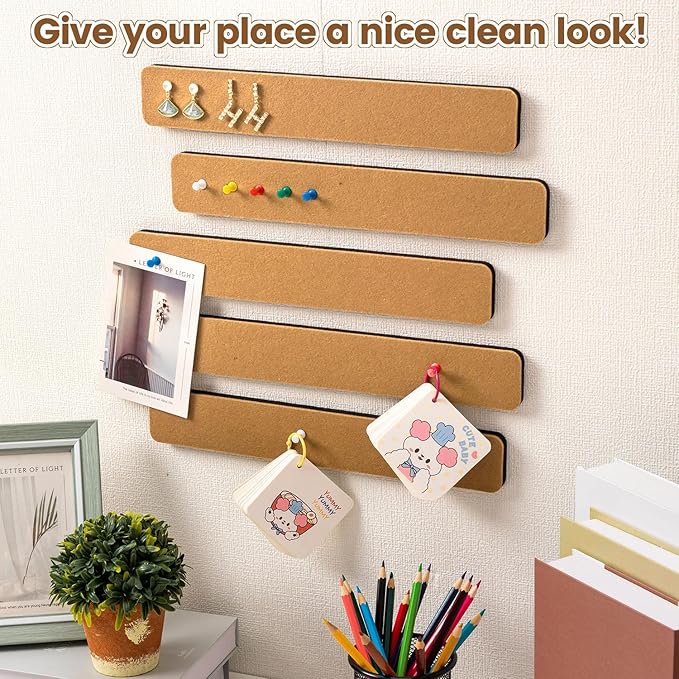 8Pcs Bulletin Board Strips, Self-Adhesive Felt Pin Board Bar Strips with 50 Pushpins, No Damage for Wall, Felt Cork Board Strips for Paste Notes, Photos, Schedules as Classroom Office Home Decor
