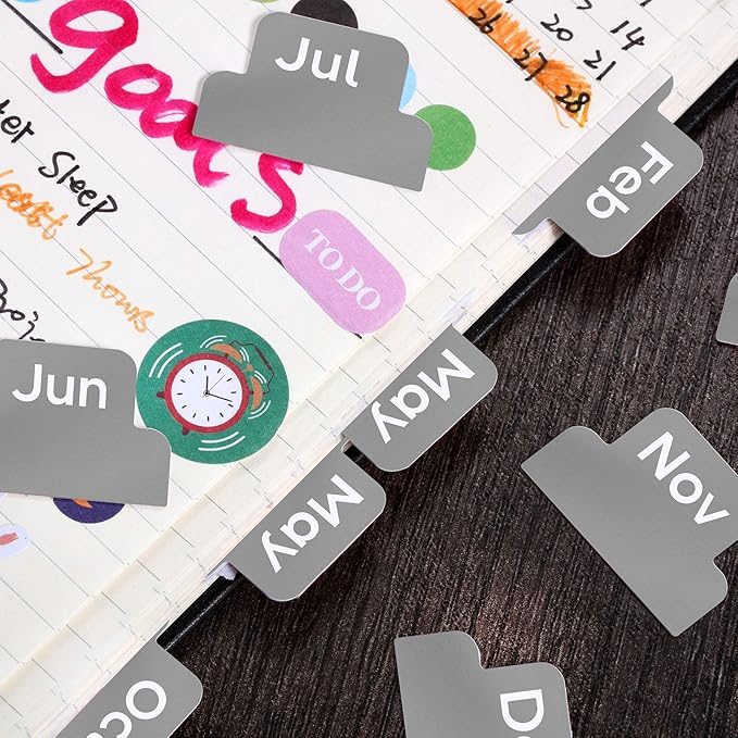 Outus 24 Pieces Monthly Adhesive Tabs for Planner - Designer Accessories Monthly Tabs Stickers Decorative for Office Planners Organizations Sturdy Notebook Planners Journal(Grey)