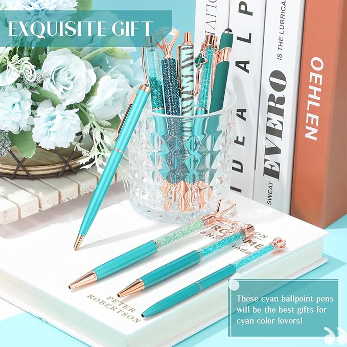 Janmini 9 Pcs Ballpoint Pens Set Metal Crystal Diamond Glitter Pens for Journaling Black Ink Pretty Cute Things Fancy Stationery Gifts for Women Girls Birthday Home Office Desk(Teal)