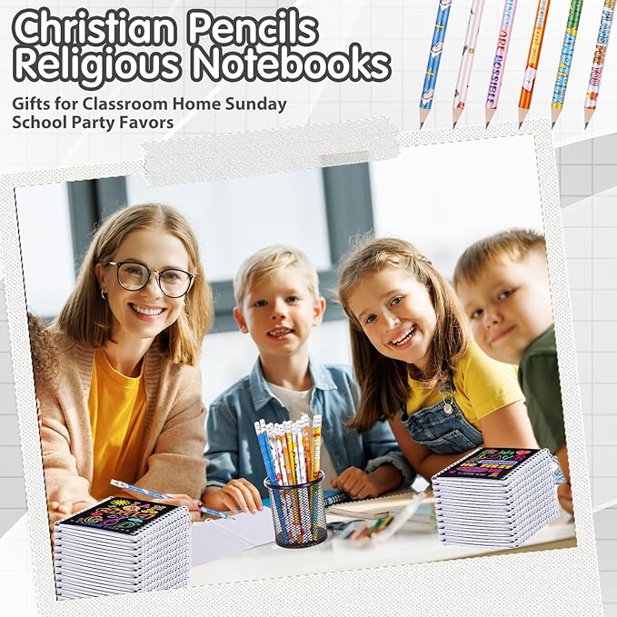 Crtiin Easter 48 Pcs Include 24 Bible Verse Notepad 24 Pencils Kids Christian Church Gifts Students Classroom Award Religious Notebook Bible Pencils Prayer Pocket School(Black Jesus,Black)