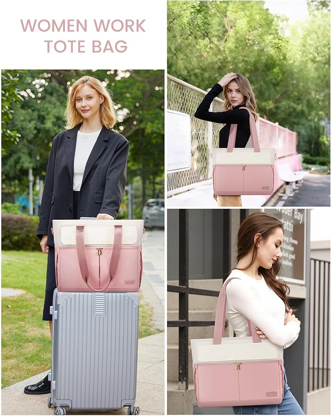 LOVEVOOK Laptop Bag for Women 15.6 Inch Canvas Laptop Large Capacity Work Bags Mutiple Pockets Teacher Bag Water Resistant Computer Bags for Business Travel Nurse, Pink Beige