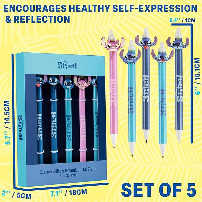 Get Trend Disney Stitch 5pcs Erasable Gel Ink Pens and Angel Cute Writing Pens for Kids Fun Stationery Set Kawaii Journaling Supplies Cool Pen Gifts for Kids (Stitch)