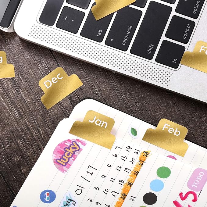 Outus 24 Pieces Monthly Adhesive Tabs for Planner - Designer Accessories Monthly Tabs Stickers Decorative for Office Planners Organizations Sturdy Notebook Planners Journal(Gold)