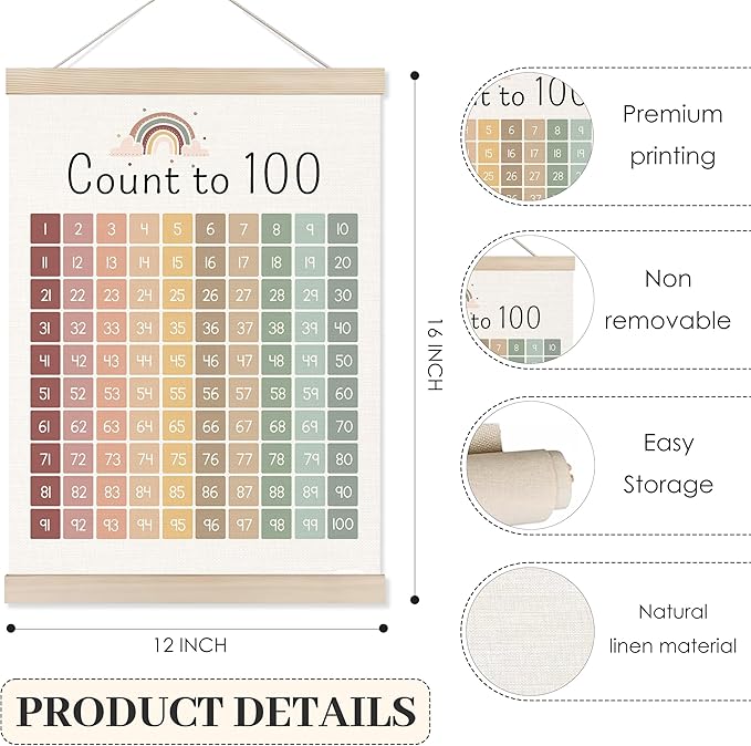 Koesus Boho Classroom Number Chart 1-100 Wall Art Poster Hanger Frame 12x16 Inch, Count to 100 Educational Learning Canvas Pictures Prints Framed Wall Decor for Kids Room Nursery Preschool Classroom