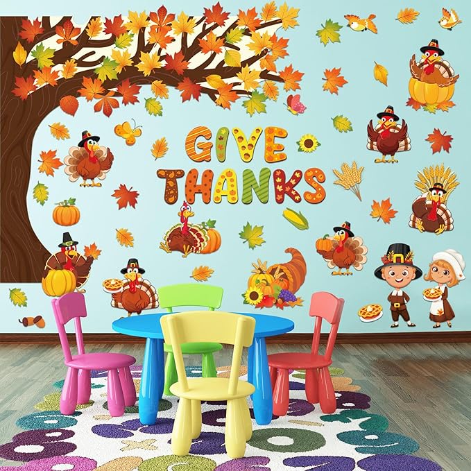 Zonon 114 Pcs Thanksgiving Bulletin Board Decorations Thanksgiving Classroom Decorations Turkey Maple Leaves Pumpkin Give Thanks Tree Bulletin Board Cutouts for Fall Harvest Home Classroom Wall Decor