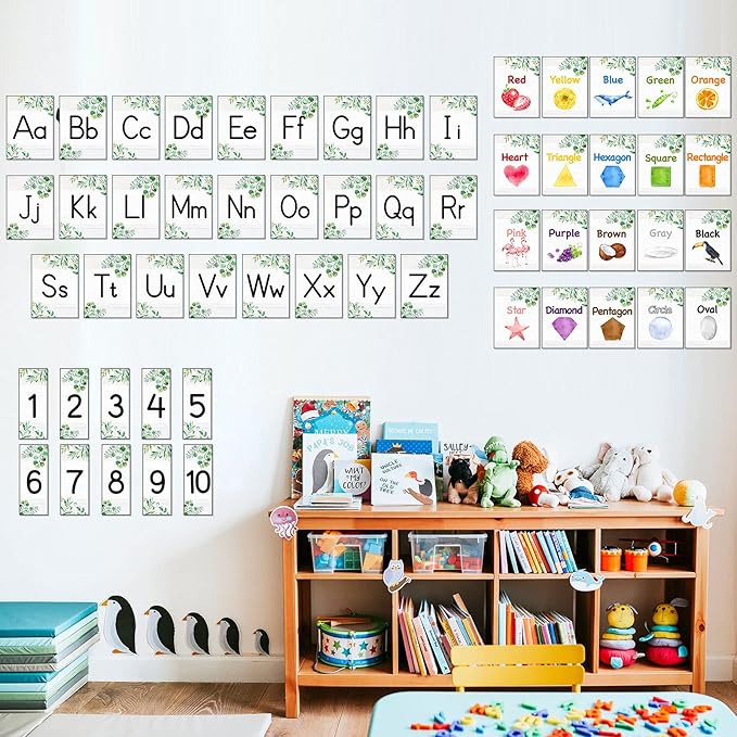 56 Pieces Alphabet and Number Bulletin Board Set Manuscript Bulletin Board Cards Educational Preschool Cards Eucalyptus Colors Shapes Early Childhood Education Posters for Kids Classroom Decoration