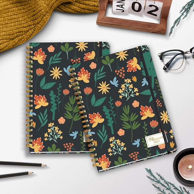 2026 Planner, A5 Weekly and Monthly Planners with Tabs, Spiral Bound Daily Calendar 2026 Planner, Agenda Organizers from Jan. to Dec., Hardcover Habit Tracker Journal 6.18" x 8.5"(Orange Flower)