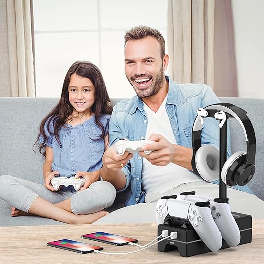 PS5 Controller Charger with USB Charging Port and AC Outlet, RGB DualSense Charging Station Dock for Playstation 5 Controllers with Headphone Stand, PS5 Accessories