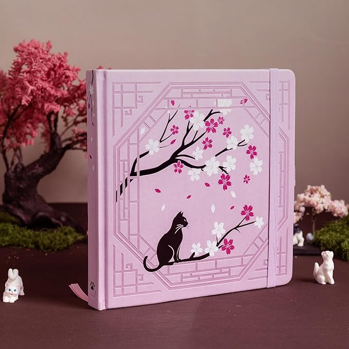 TIEFOSSI Square Dotted Journal, Cute Cat Journal for Women Girls, Dot Notebook with Pretty Sakura Pattern, Aesthetic Diary for Writing Journaling Drawing, Golden Edges, 8 x 8 IN