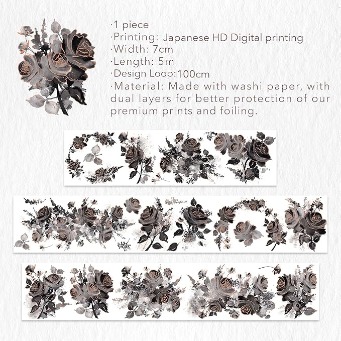 WT Rose Noir Wide PET Tape Gilded,Single Roll,Original Designs,Black Floral Decors,Transparent Clear Adhesive Tape,Gold Foil,Scrapbooks Junk Bujo Journals Planners DIY Crafts Supplies Gifts