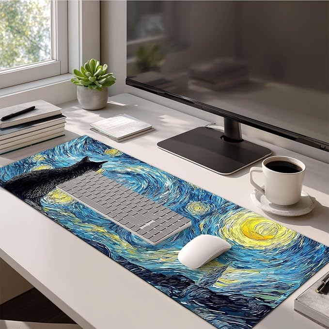 Black Cat XL Mouse Pad 31.5 x 11.8 Inch Gaming Mousepad Diatomite Large Keyboard Mouse Pad for Home and Office Desk Accessories with Night Sky Swirl Cat Silhouette Artwork