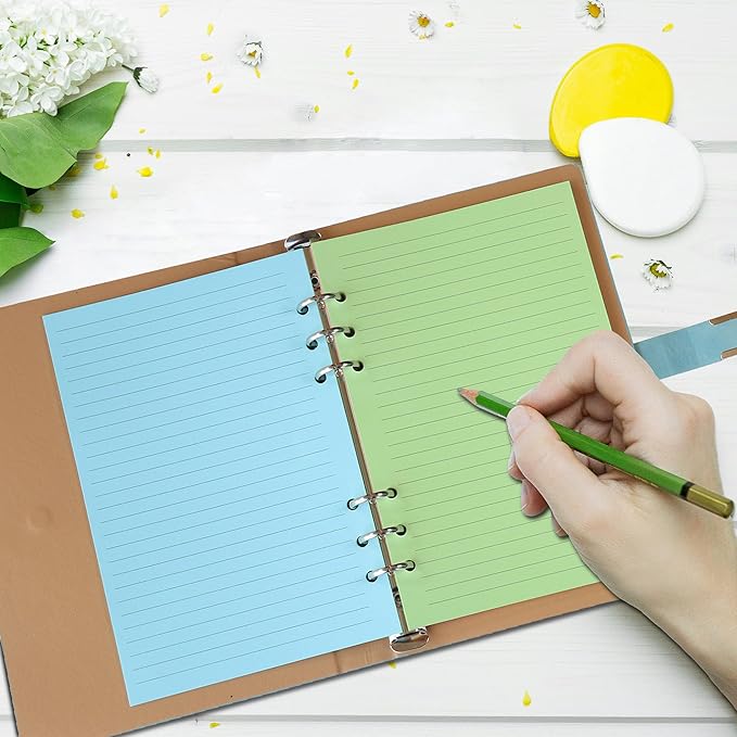 A5 Colorful Lined Filler Paper, 6-Hole Punched, 120GSM Loose-Leaf Paper and Planner Inserts for Notebooks, Journals, and Study Notes,50 Sheets/100 Pages