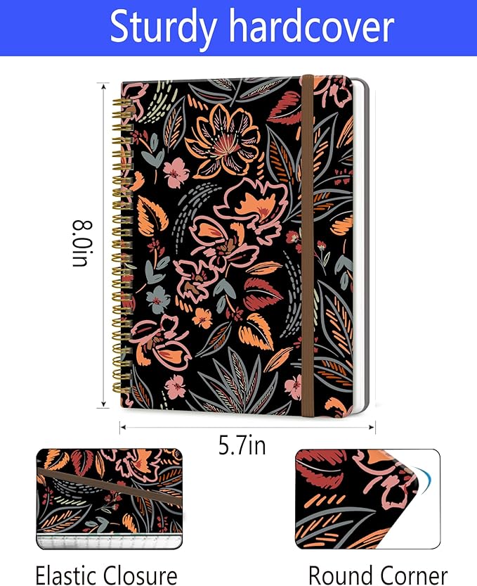 Spiral Journal Notebook, A5 Cute Notebooks for Women Men, College Ruled Hardcover Notebook for Work & Note Taking, 60 Pages Double-Wire Journals for Writing, Paisley Flowers