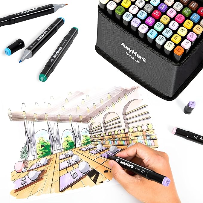 AnyMark Alcohol Markers, 80 Colors Dual Tip Art Coloring Markers Set for Adult Book Drawing Sketching Painting, Chisel & Fine, Black Penholder