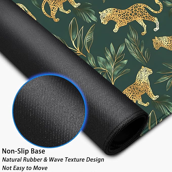 Leopard Desk Pad Mouse Pad,XL Extend Leaves Gold Mouse Mat with Stitched Edges for Gift,Non-Slip Rubber Base Mousepad for Office PC Keyboard Laptop and Home Work Desk Mat(31.5X11.8 in)