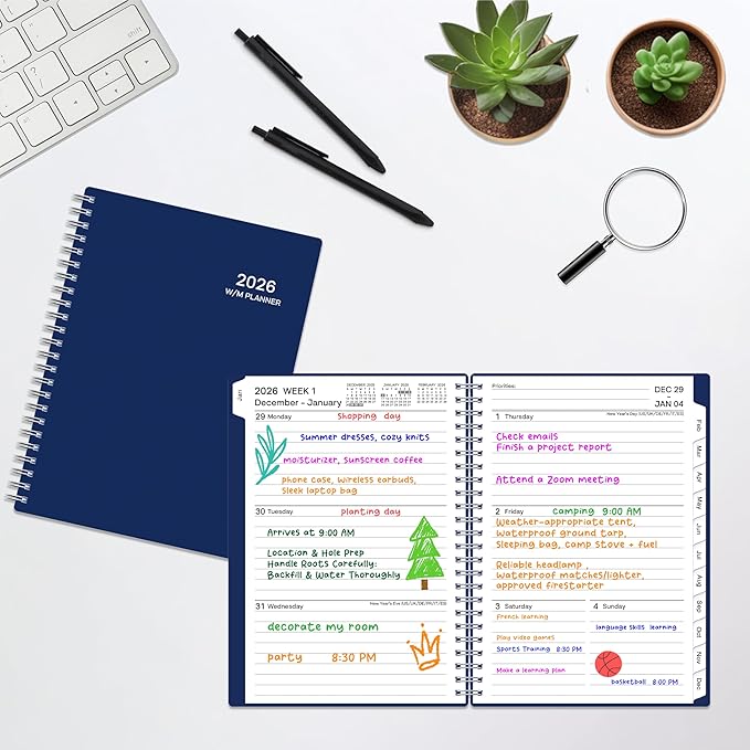 2026 Planner, Weekly & Monthly Planner 2026, Jan 2026 – Dec 2026, 6.2" x 8.42", Flexible Cover, 12 Monthly Tabs, Thick Paper, Spiral Wirebound, Inner Pocket, A5, Blue