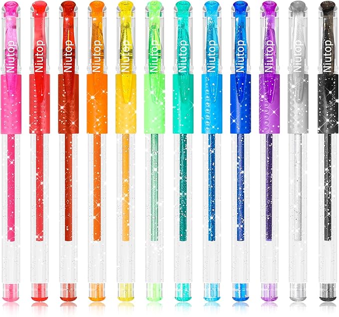 Niutop Coloured Pen Stocking Stuffers for Adult, 12-Color Scented Glitter Gel Pens,Coloring Markers Colored Pen Set, Drawing pens Joumaling Supplies Fun Stationary, Gel Roller Pens, Halloween Gifts