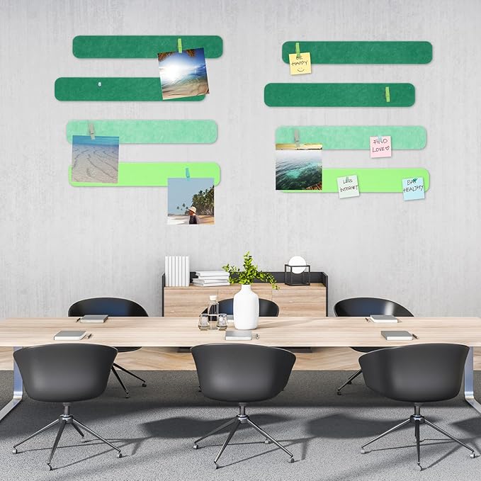 8 Pcs Felt Pin Board Bar Strips Bulletin Board 50 Pushpins and 10 Wooden Clip Pins Self Adhesive Cork Boards for Offices Home Wall Display Photos, Paste Notes, Schedules(Green)