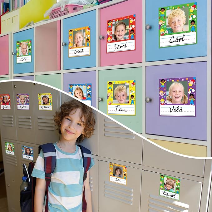 36 Pcs Kids Photo Nameplates for Desk Kids Name Tags Labels Stickers with Photo Space Self-Adhesive Labels Bulletin Board Colorful Classroom Decoration for Desk Bins Cubbies Office (Kids)