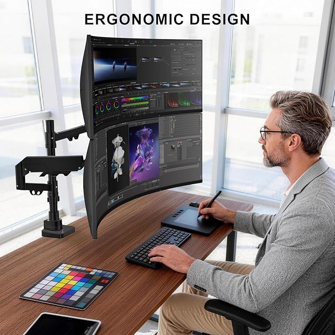 WALI Vertical Dual Monitor Stand for 17-49” Ultrawide Curved Screens, Heavy Duty Stacked Dual Monitor Mount with Tall Pole, Adjustable Gas Spring Monitor Arm up to 33lbs, 75/100mm VESA, Black
