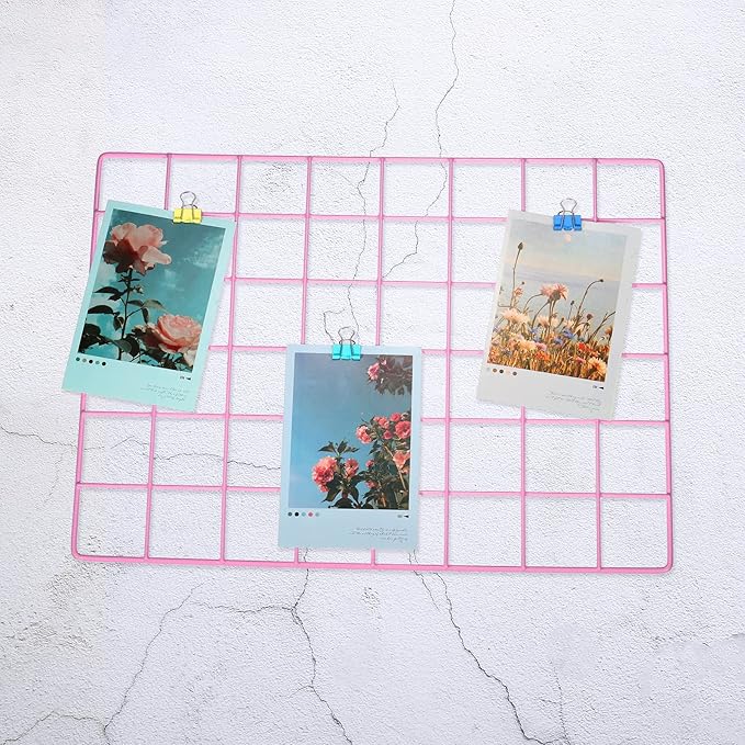 PATIKIL 16"x12" Wire Grid Panel, 1 Pack Wall Grid Decorative Panels Board Photo Pictures Display Decor Hanging Organizer for Home Office, Pink