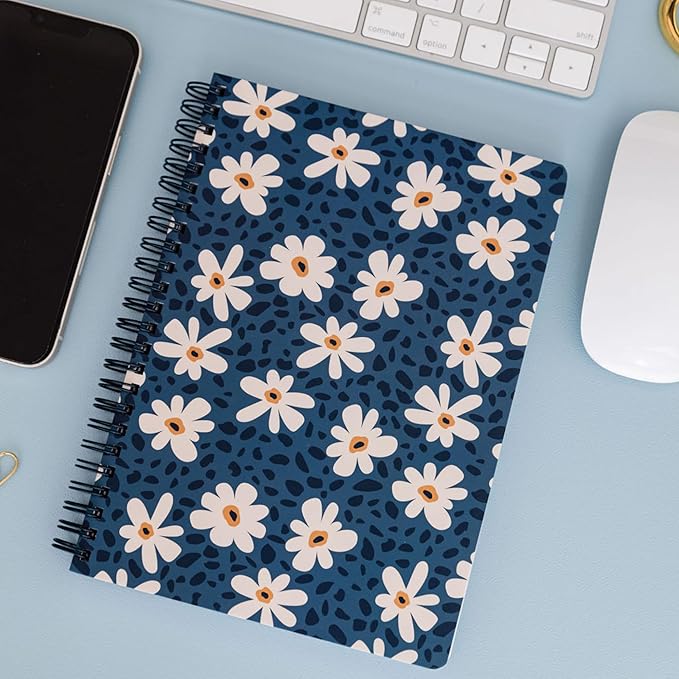 Steel Mill & Co Cute Mini Spiral Notebook, 8.25" x 6.25" Journal with Durable Hardcover and 160 Lined Pages (Leopard Daisy)