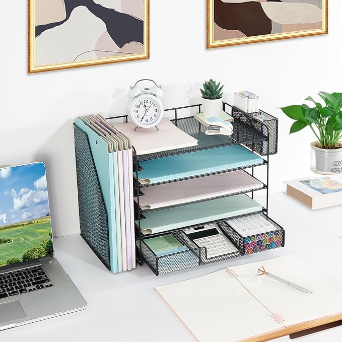 Youbetia Paper Tray Organizer with Mesh File Holder, 5 Tier Desk Accessories & Workspace Desk Organizers with Pen Holder, Office Desk Accessories Desktop Organization for Office Supplies (Black)