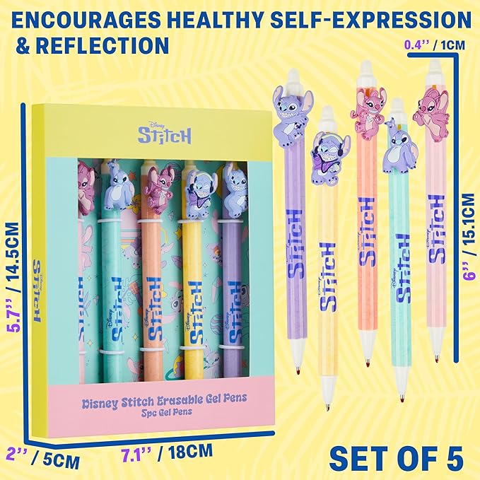 Get Trend Disney Stitch 5pcs Erasable Gel Ink Pens and Angel Cute Writing Pens for Kids Fun Stationery Set Kawaii Journaling Supplies Cool Pen Gifts for Kids (Stitch & Angel)