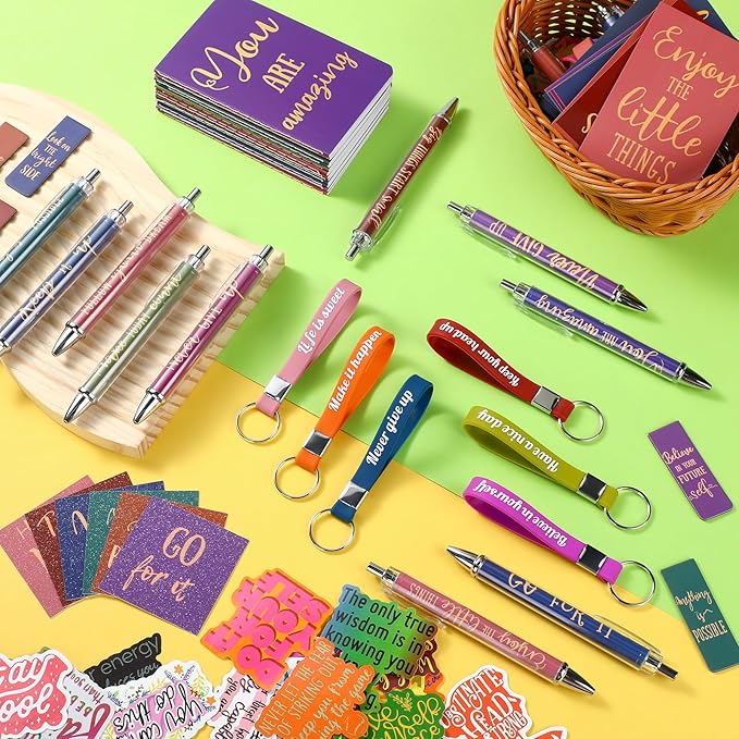 Pasimy 218 Pcs Inspirational Stationery Gifts Motivational Mini Notepad Pen Quote Bookmarks Stress Relief Stickers Inspiring Silicone Keychains for Home Office Appreciation Gift(Bright)