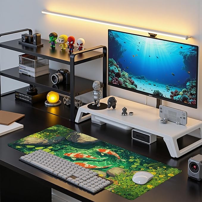 Fish Art Mouse Pad Green Desk Mat XL Mouse Gaming Pads, Fish Keyboard Pads Extra Large Desktop Computer Mats with Non-Slip Base & Stitched Edges, Vintage Office Decor 31.5x11.8