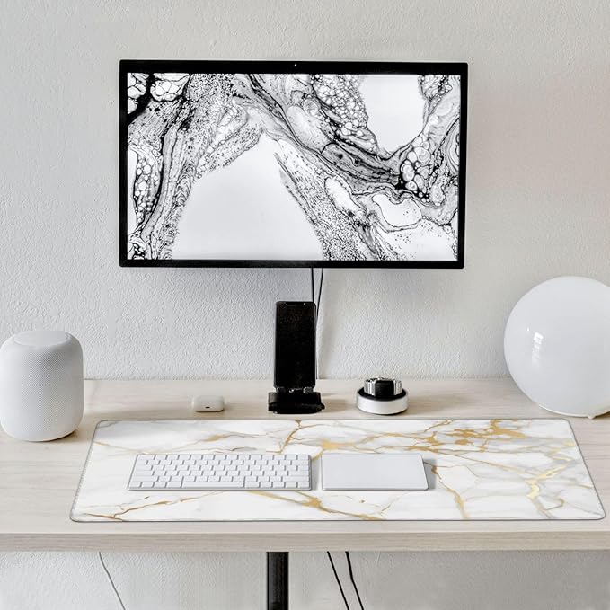 White and Gold Marble Mouse Pads XXL Extended Mousepad with Stitched Edges Non-Slip Rubber Base Computer Keyboard Pad Desk Mat for Home Office Desk Decor, 35.4" X 15.7"