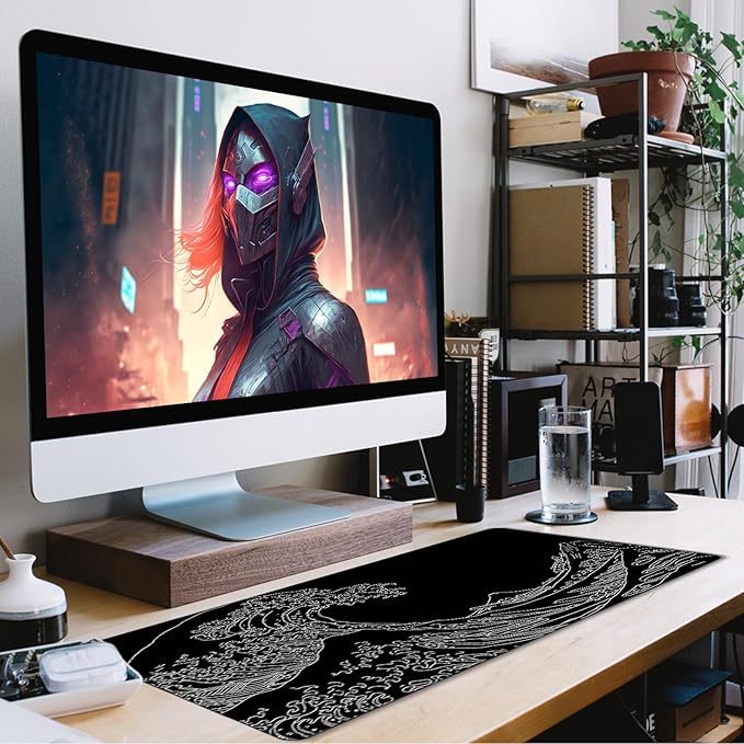 Japanese Sea Wave Mouse Pad for Gaming, Large Mouse Pad Extended (31.5X 15.75 INCH) Non-Slip Rubber Base & Stitched Edge for Computers Laptop Home Office Accessories