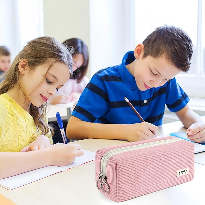 KALIDI Large Pencil Case Corduroy Pencil Pouch Box Cute School Supplies for Teen Girls Boys, Pink