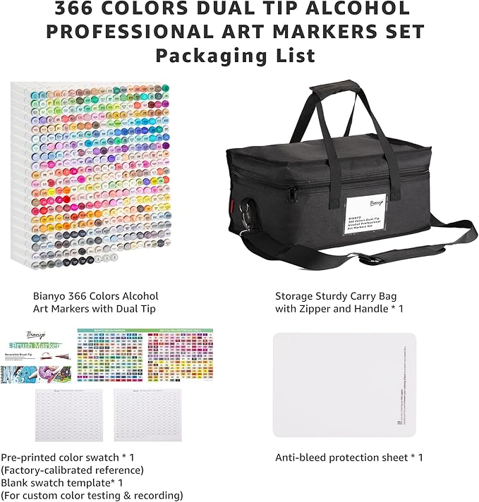 Bianyo 366 Colors Dual Tip Alcohol Markers Set, Professional Brush & Chisel Art Markers for Coloring, Sketching, Portraits, Comics, Fashion & Illustration, Includes Storage Bag with Shoulder Strap
