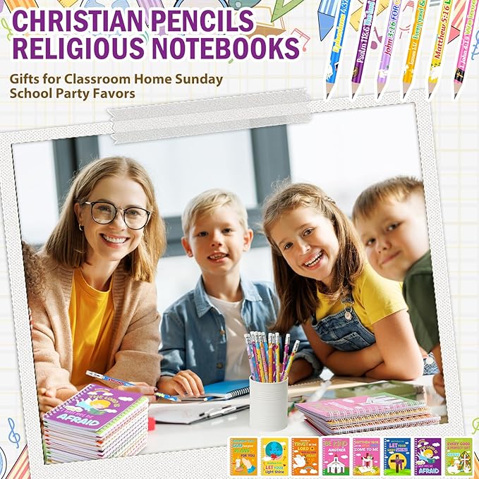 Crtiin Easter 48 Pcs Include 24 Bible Verse Notepad 24 Pencils Kids Christian Church Gifts Students Classroom Award Religious Notebook Bible Pencils Prayer Pocket School(Colorful Cross,Eclectic)