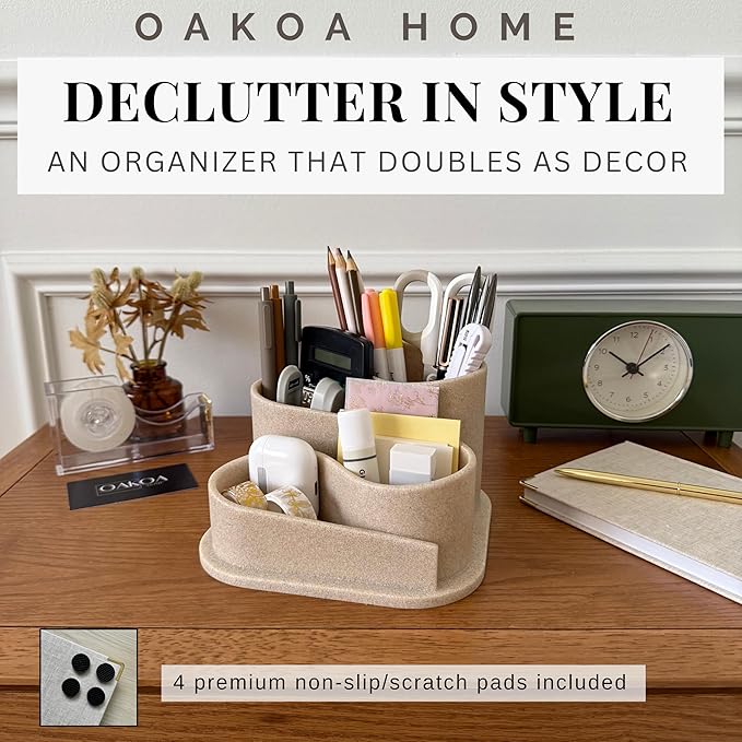 OAKOA Aesthetic Desk Organizer - Aesthetic Office Desk Accessories - Boho Pen Holder - Neutral Beige Desk Accessories - Home Office Essentials for Women - Cute Pencil Holder
