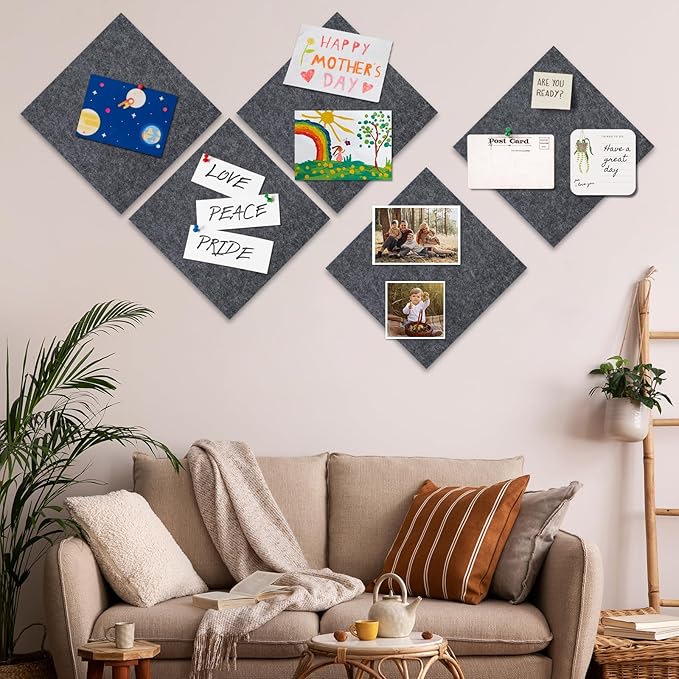 Felt Cork Board Tiles 6 Pack Grey Bulletin Boards 12"x12" - 1/2" Thick Corkboards for Wall Bulletin Board Self Adhesive with 100 Push Pins for Wall School Home Office